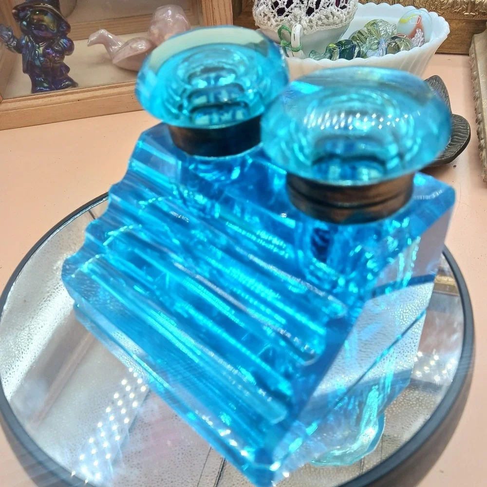 Antique Peacock Blue Glass DOUBLE Inkwell, Late 19th Century Victorian Desk